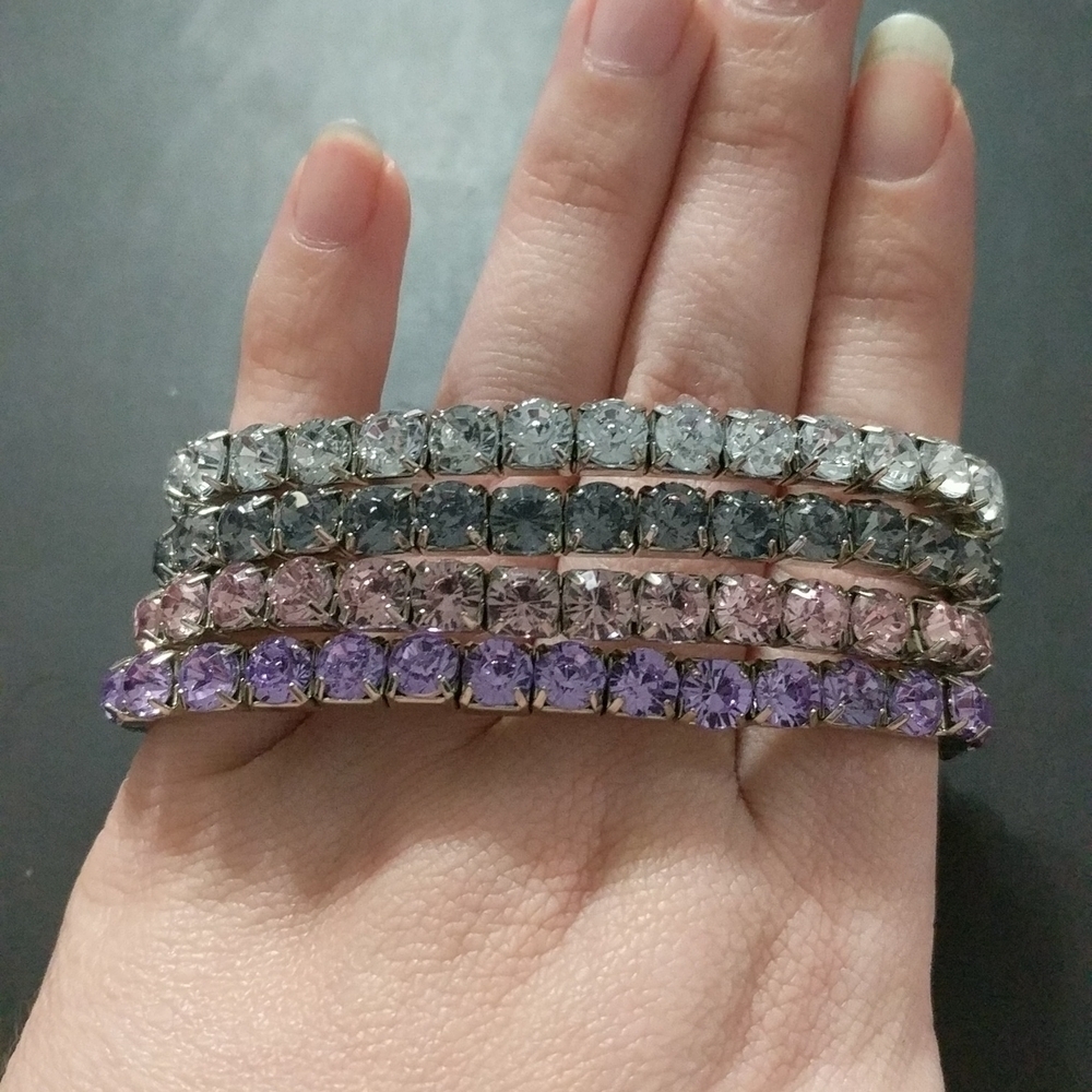 𝅺Pink Purple Grey and Clear Rhinestone Stretchy Elastic Metallic Bracelet Set